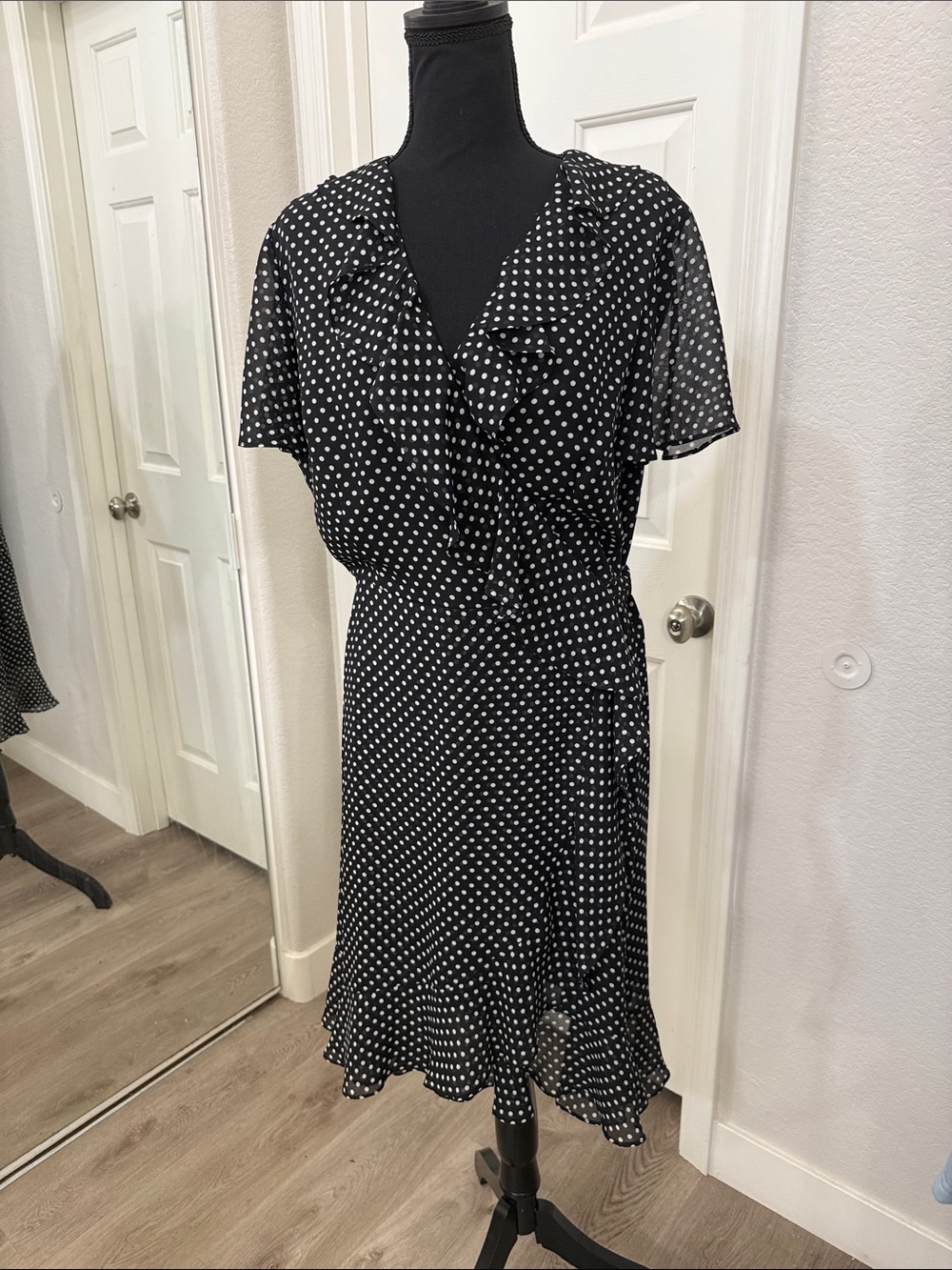 Tahari Black and White Polka Dot Midi Wrap Dress